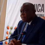 Léopold Mboli Fatrane, ministre des Mines et de la Géologie lors d’une conférence de presse@photo Cyrille Yapendé