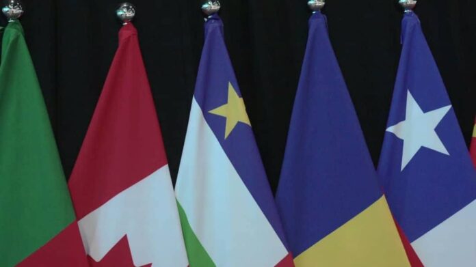 Le drapeau centrafricain qui flotte parmi des drapeaux á DubaÏ